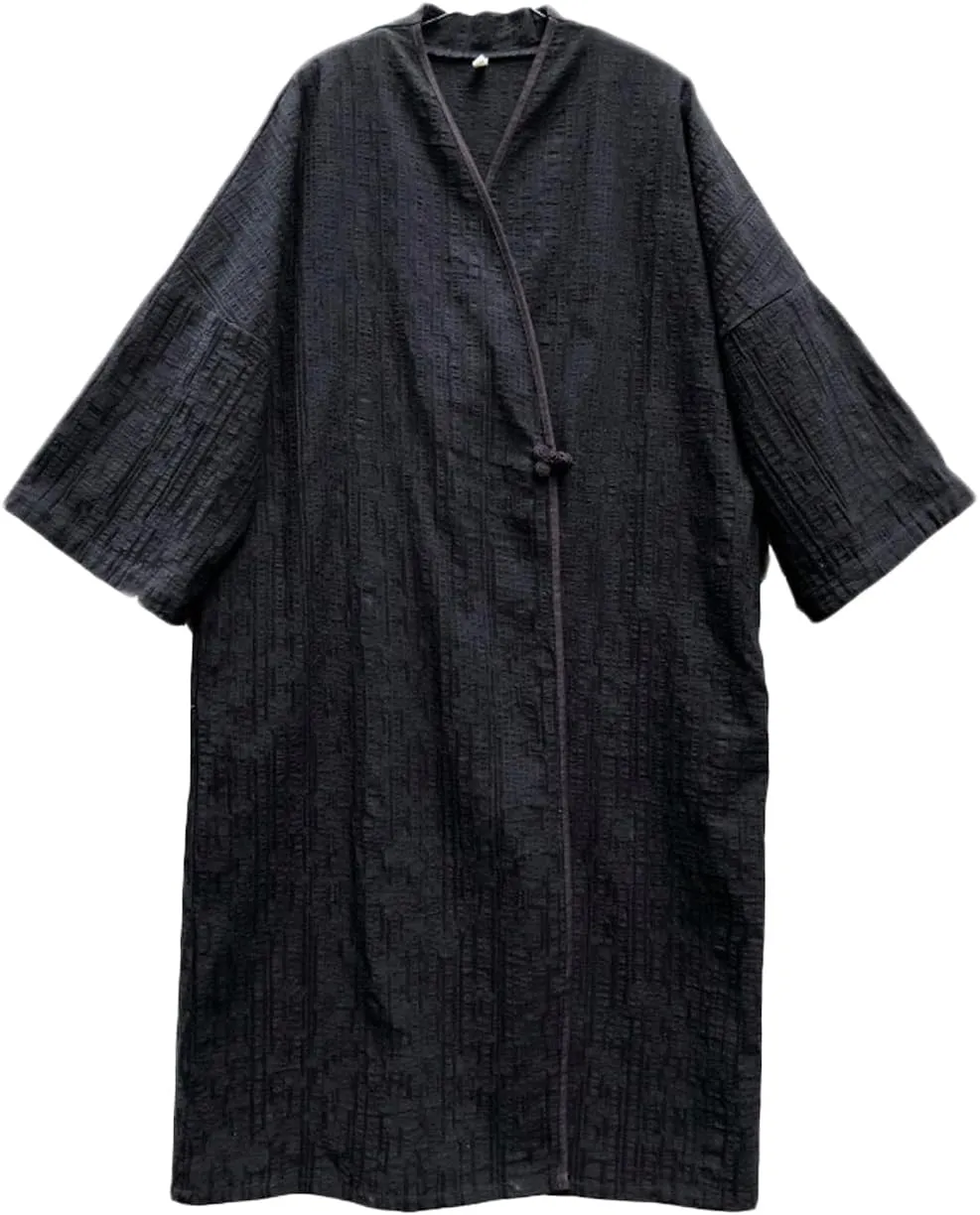 NFYM Women's Jacqurd Cotton Trench Coat Lightweight Solid 3/4 Sleeve Kimono Jacket Loose Chinese Style Windbreaker