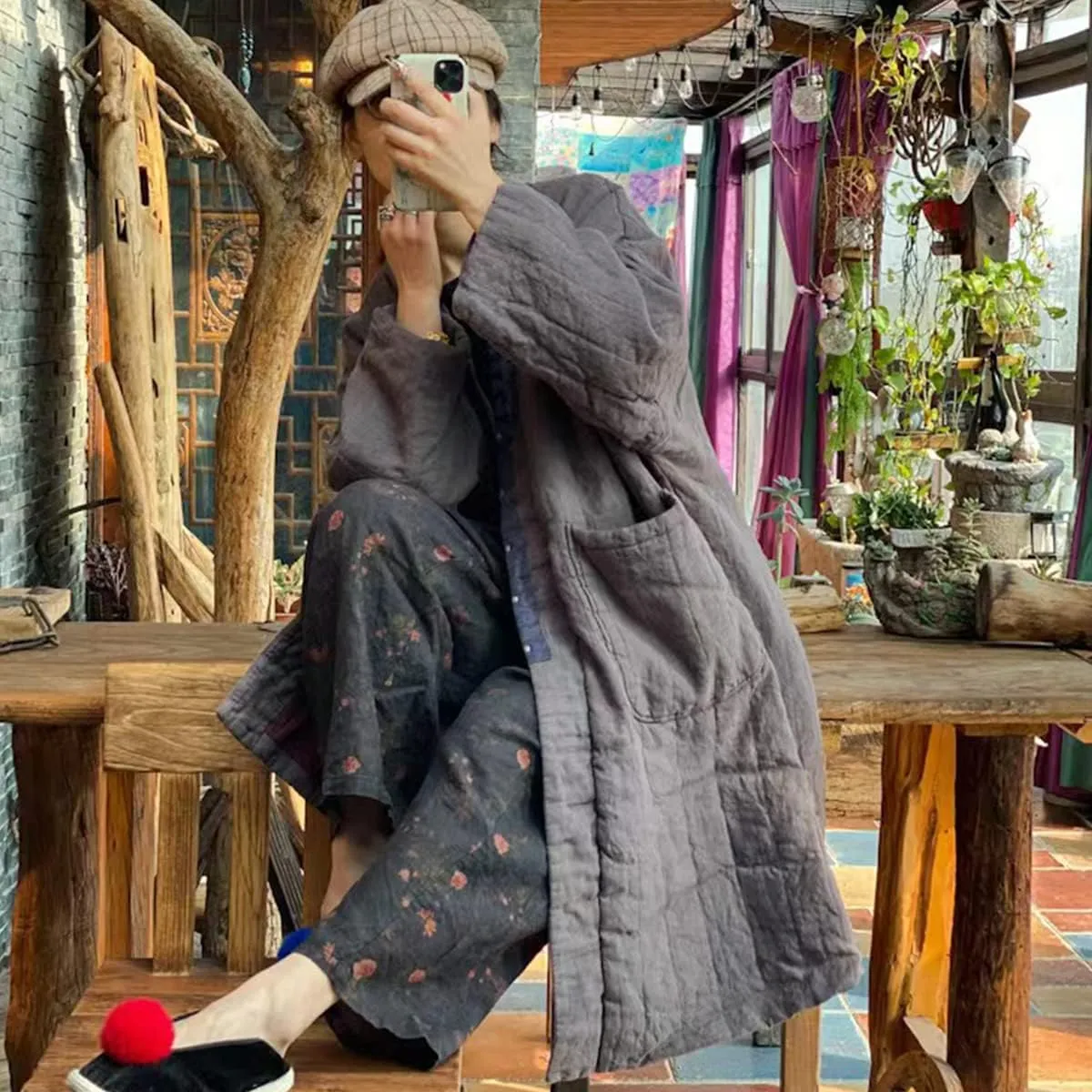 NFYM Women's Quilted Knee Length Coat Open Front Kimono Style Jacket Handmade Threading Outwear for Winter