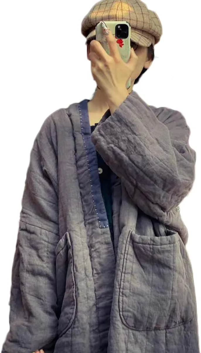 NFYM Women's Quilted Knee Length Coat Open Front Kimono Style Jacket Handmade Threading Outwear for Winter
