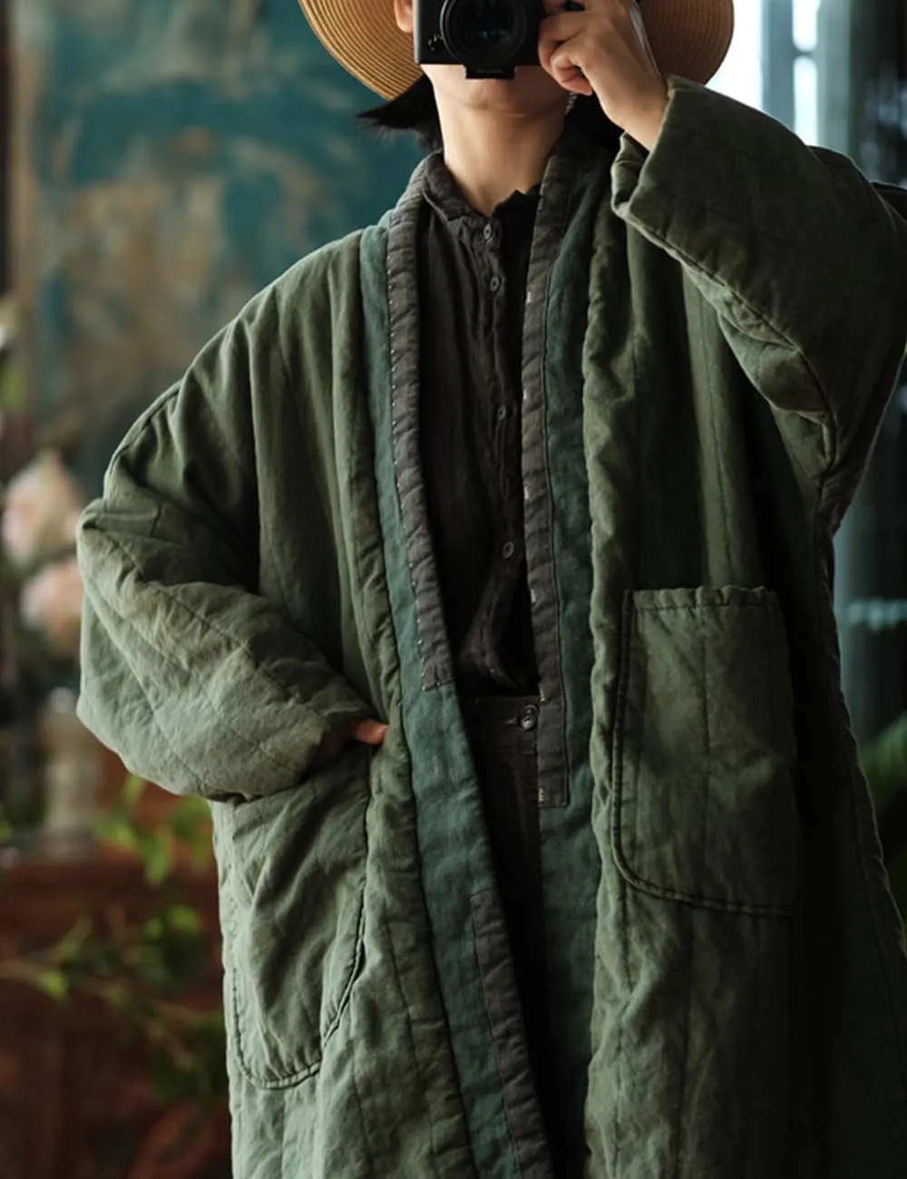 NFYM Women's Quilted Knee Length Coat Open Front Kimono Style Jacket Handmade Threading Outwear for Winter