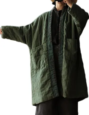 NFYM Women's Quilted Knee Length Coat Open Front Kimono Style Jacket Handmade Threading Outwear for Winter
