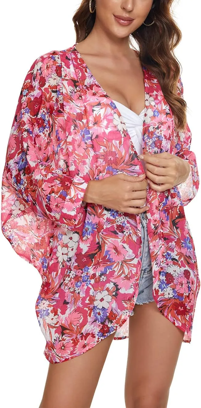 olrain Women's Floral Print Sheer Chiffon 3/4 Bat Sleeve Casual Loose Kimono Cardigan Capes