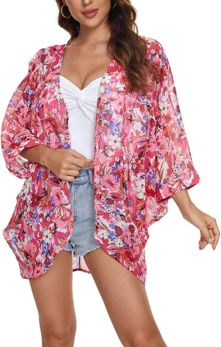 olrain Women's Floral Print Sheer Chiffon 3/4 Bat Sleeve Casual Loose Kimono Cardigan Capes