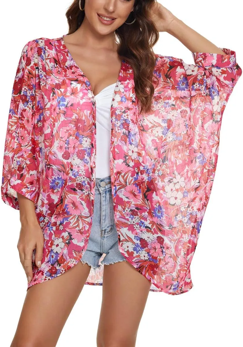 olrain Women's Floral Print Sheer Chiffon 3/4 Bat Sleeve Casual Loose Kimono Cardigan Capes