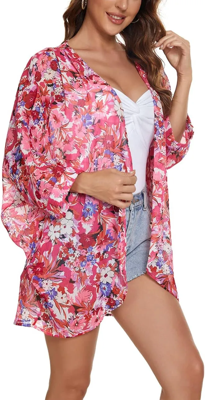 olrain Women's Floral Print Sheer Chiffon 3/4 Bat Sleeve Casual Loose Kimono Cardigan Capes