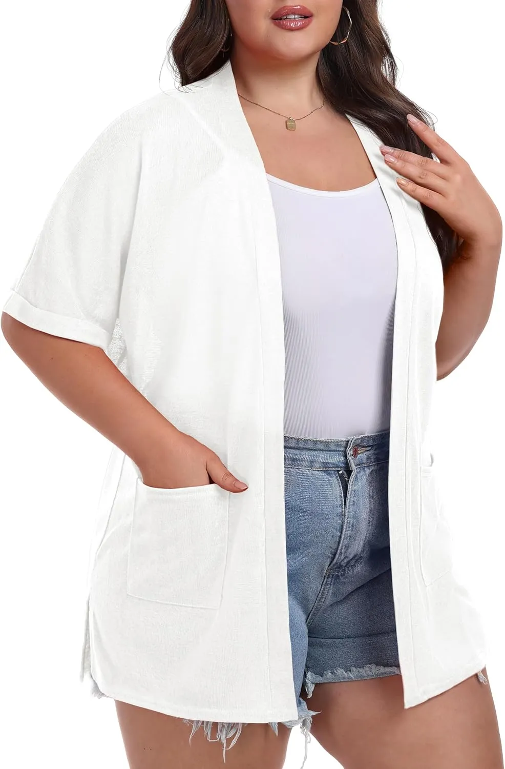 OLRIK Plus Size Lightweight Cardigan for Women Summer Sheer Short Sleeve Cardigan with Pockets Beach Cover Up