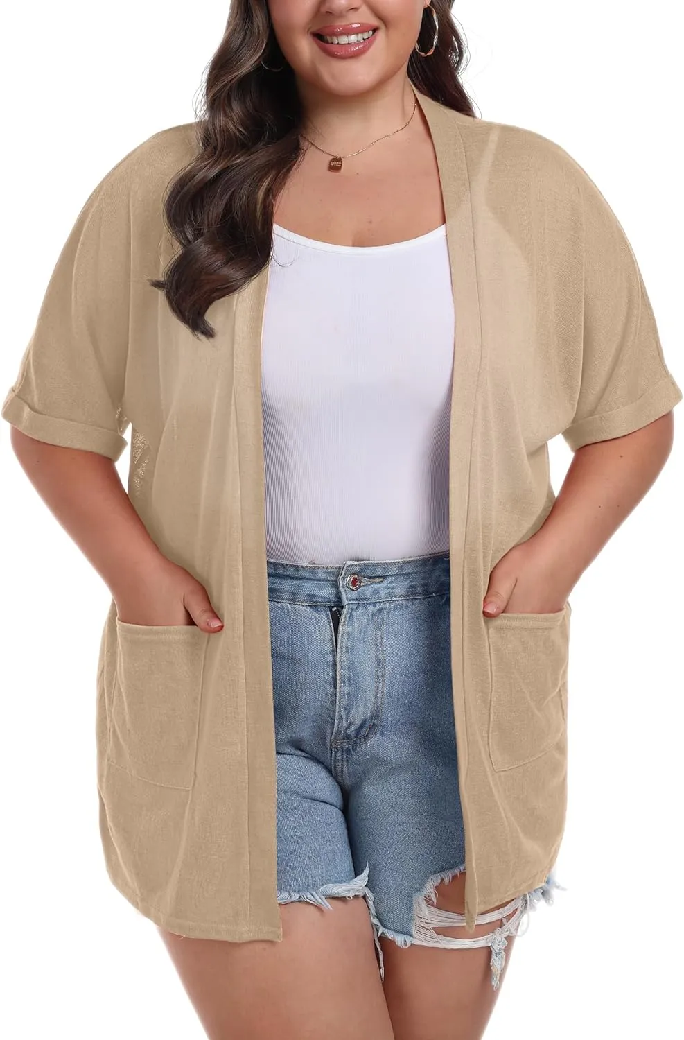 OLRIK Plus Size Lightweight Cardigan for Women Summer Sheer Short Sleeve Cardigan with Pockets Beach Cover Up