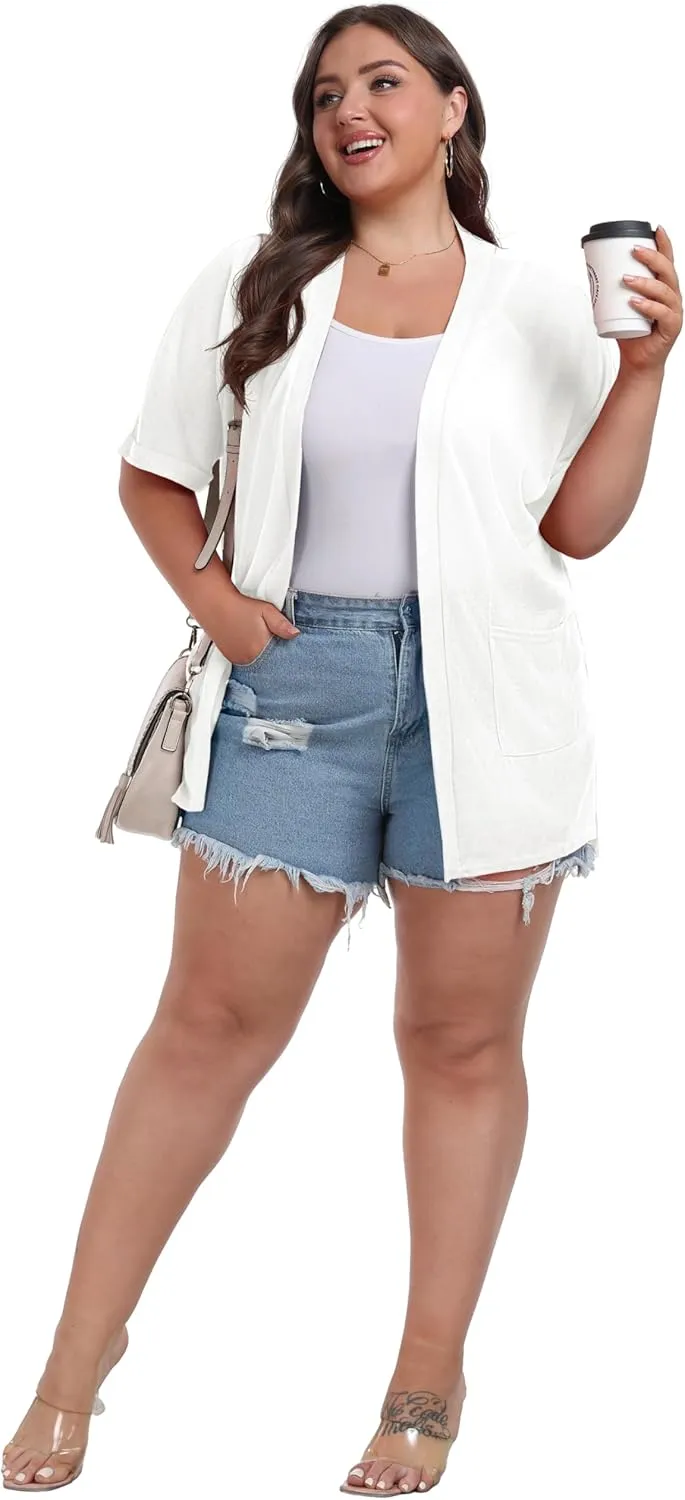OLRIK Plus Size Lightweight Cardigan for Women Summer Sheer Short Sleeve Cardigan with Pockets Beach Cover Up