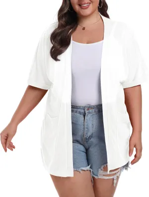 OLRIK Plus Size Lightweight Cardigan for Women Summer Sheer Short Sleeve Cardigan with Pockets Beach Cover Up