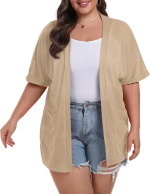 OLRIK Plus Size Lightweight Cardigan for Women Summer Sheer Short Sleeve Cardigan with Pockets Beach Cover Up