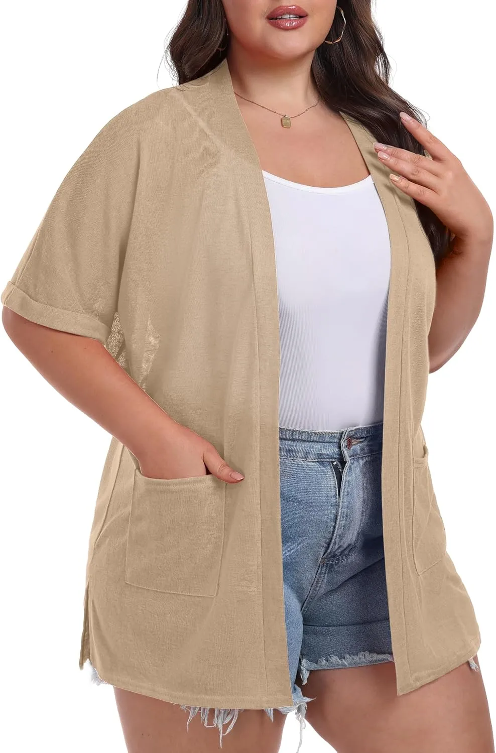 OLRIK Plus Size Lightweight Cardigan for Women Summer Sheer Short Sleeve Cardigan with Pockets Beach Cover Up
