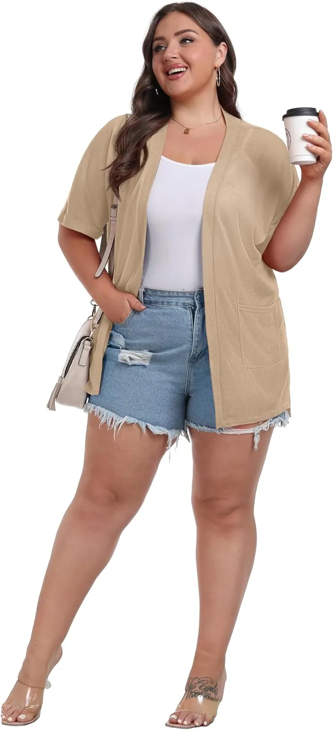 OLRIK Plus Size Lightweight Cardigan for Women Summer Sheer Short Sleeve Cardigan with Pockets Beach Cover Up