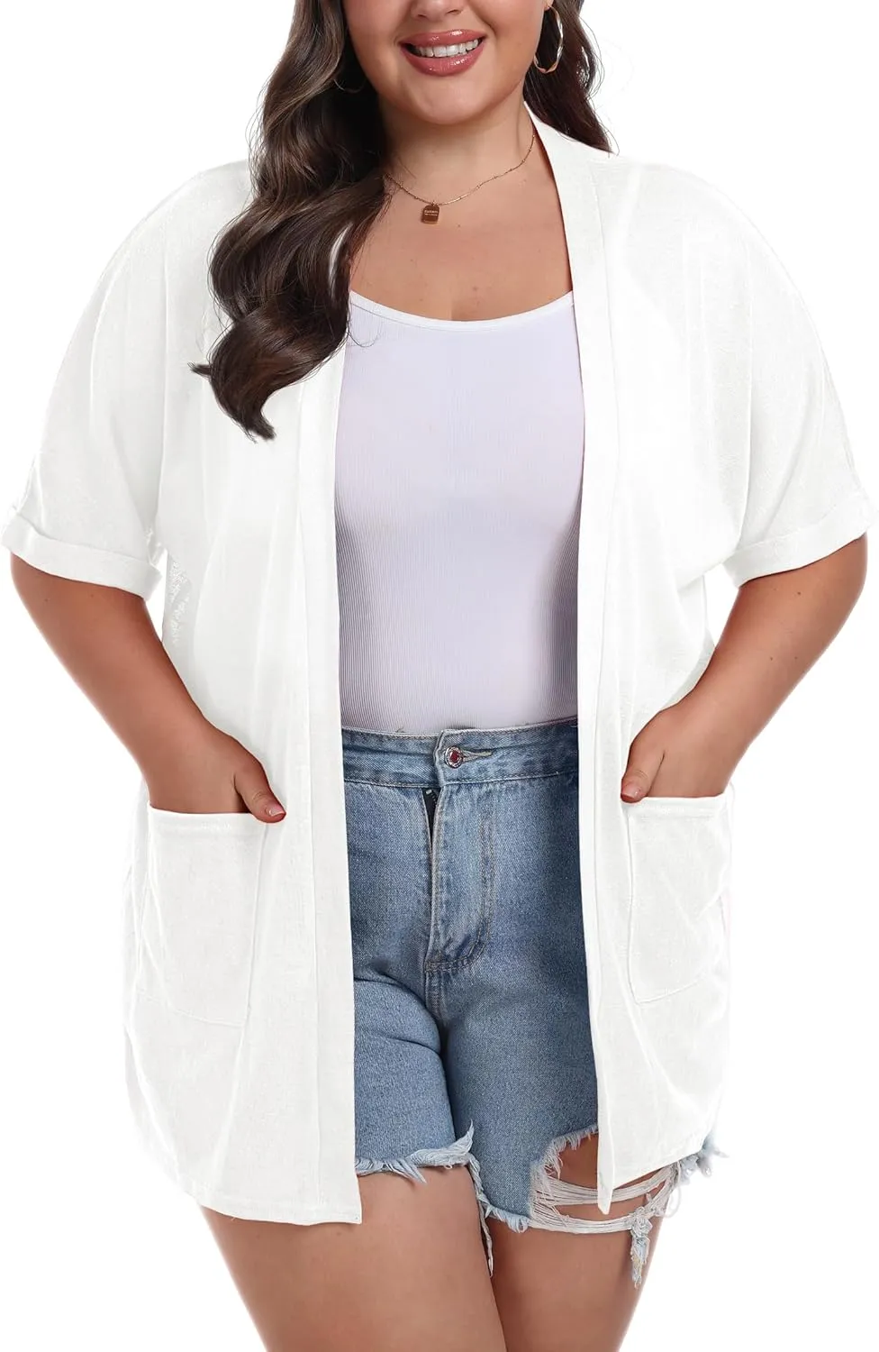OLRIK Plus Size Lightweight Cardigan for Women Summer Sheer Short Sleeve Cardigan with Pockets Beach Cover Up