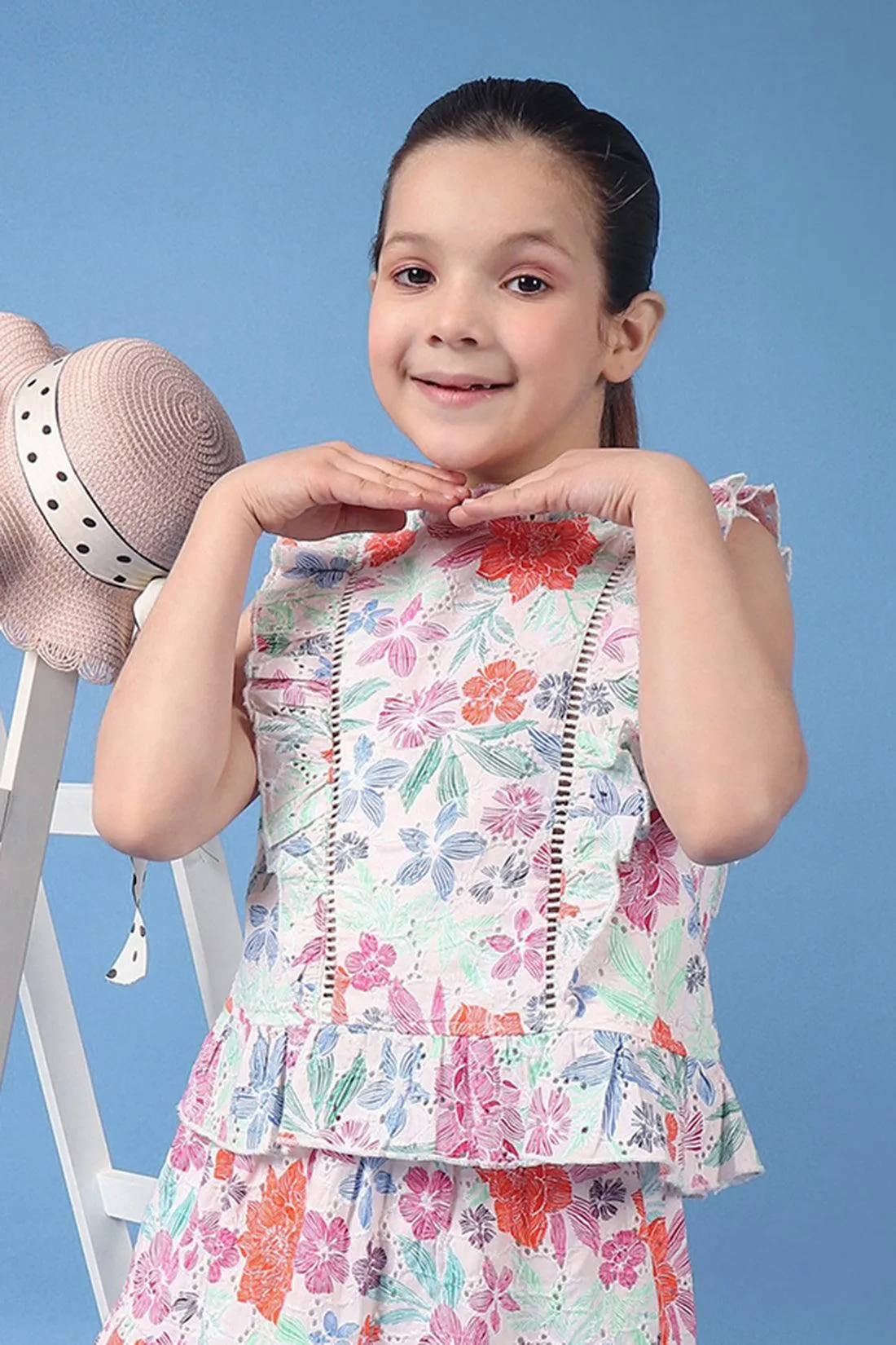 One Friday Kids Girls Beige Printed Lace Detailed Top With Frills and Neck Band