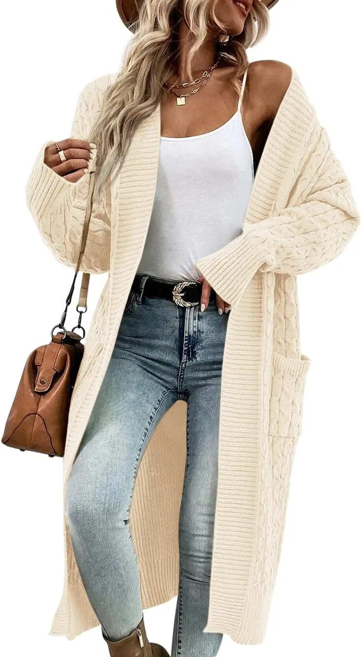 Onedreamer Womens Long Cardigan Cable Knit Open Front Long Sleeve Sweater Coats with Pockets