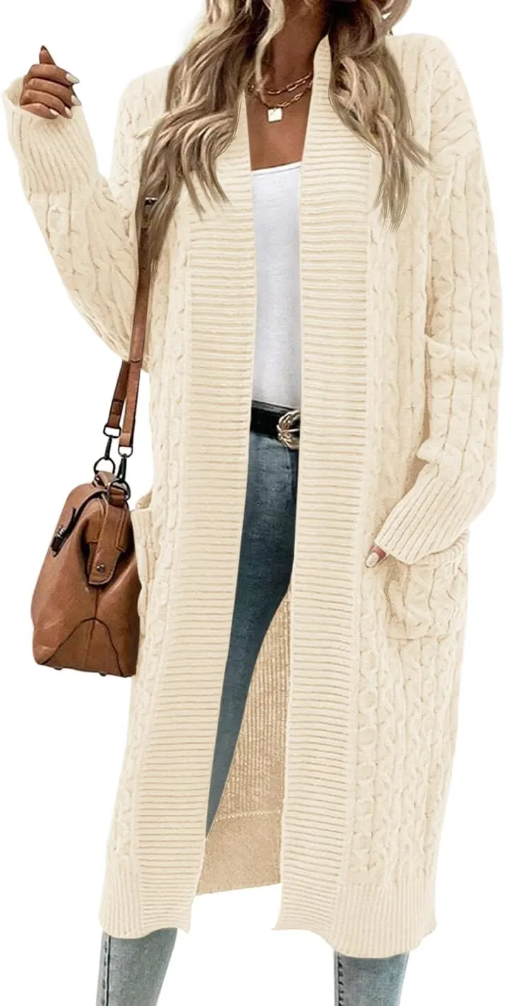 Onedreamer Womens Long Cardigan Cable Knit Open Front Long Sleeve Sweater Coats with Pockets