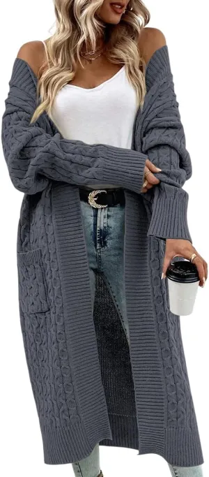 Onedreamer Womens Long Cardigan Cable Knit Open Front Long Sleeve Sweater Coats with Pockets