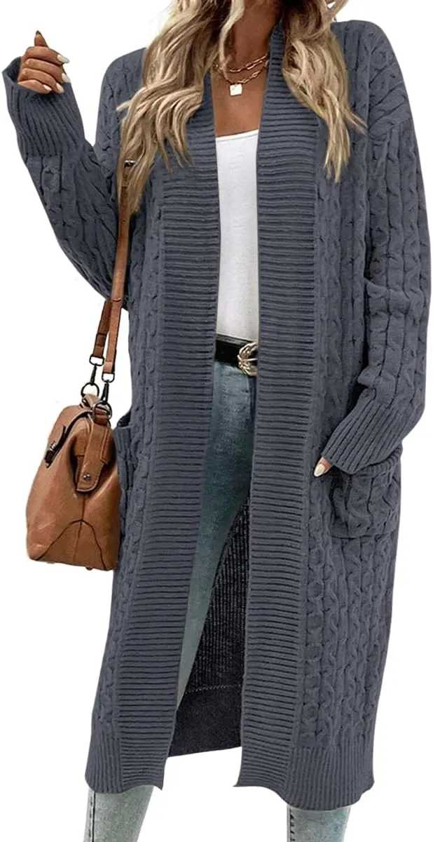 Onedreamer Womens Long Cardigan Cable Knit Open Front Long Sleeve Sweater Coats with Pockets