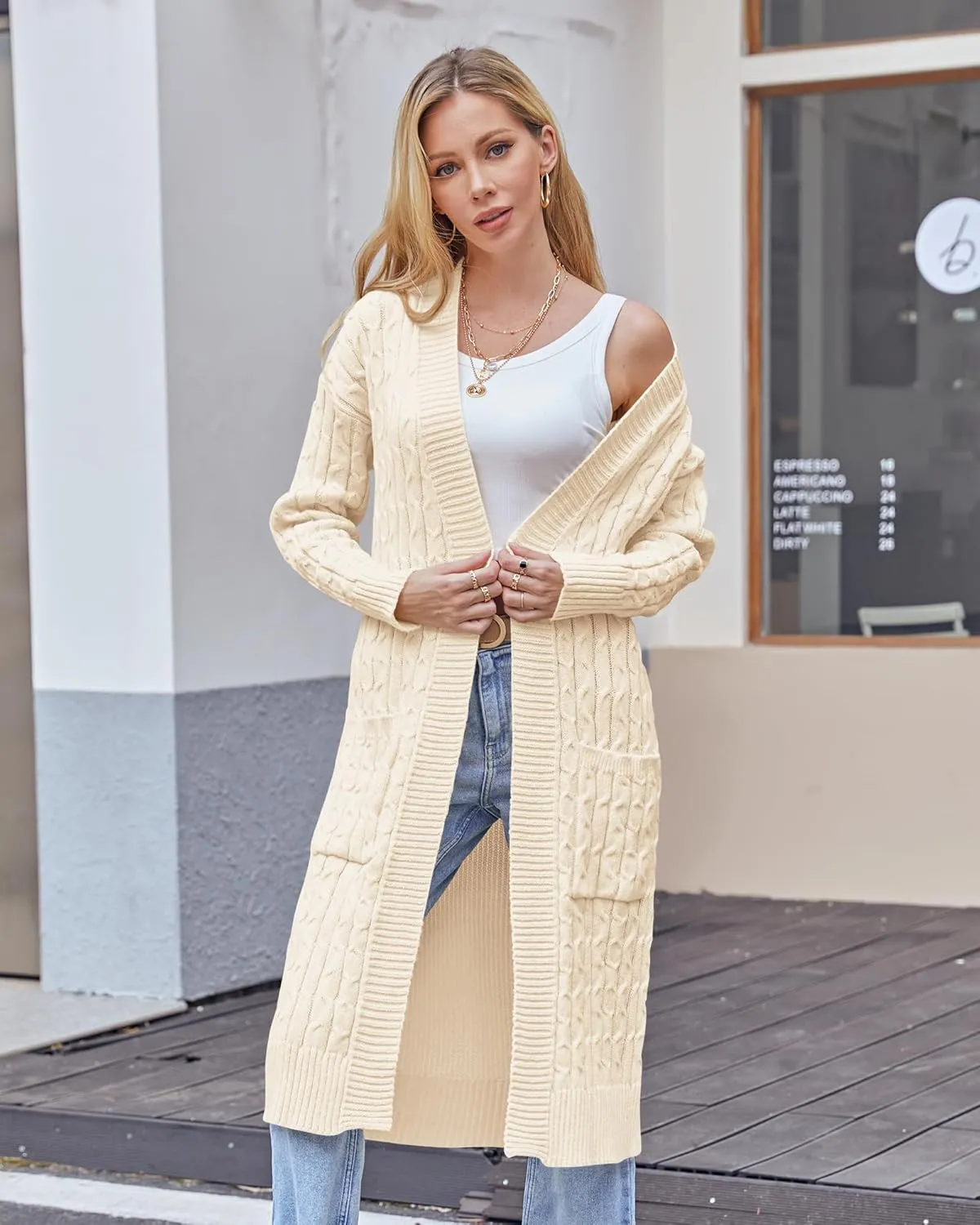 Onedreamer Womens Long Cardigan Cable Knit Open Front Long Sleeve Sweater Coats with Pockets