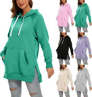 Oversized Hoodie Dress for Women Casual Drawstring Long Warmy Sweatshirt with Pockets Fashion Split Hem Long Sleeve