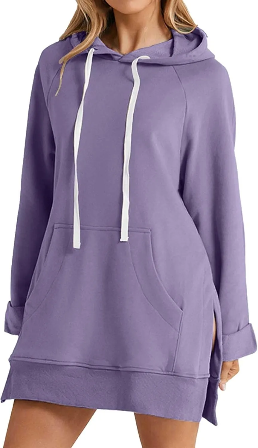 Oversized Hoodie Dress for Womens Hoodies Plus Size Casual Crewneck Long Sleeve Split Hem Pullover with Pockets