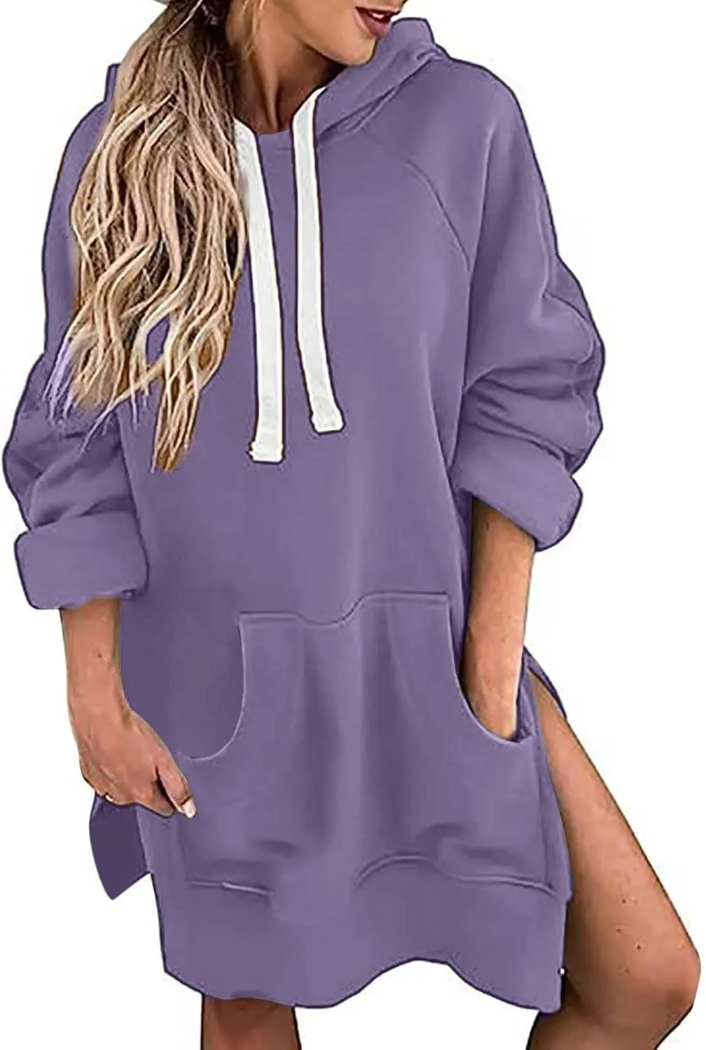 Oversized Hoodie Dress for Womens Hoodies Plus Size Casual Crewneck Long Sleeve Split Hem Pullover with Pockets