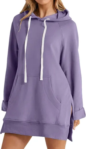 Oversized Hoodie Dress for Womens Hoodies Plus Size Casual Crewneck Long Sleeve Split Hem Pullover with Pockets