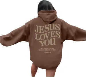 Oversized Hoodie for Women Christian Religious Jesus Loves You Hooded Hoodies Causal Sweatshirts with Pockets Pullover
