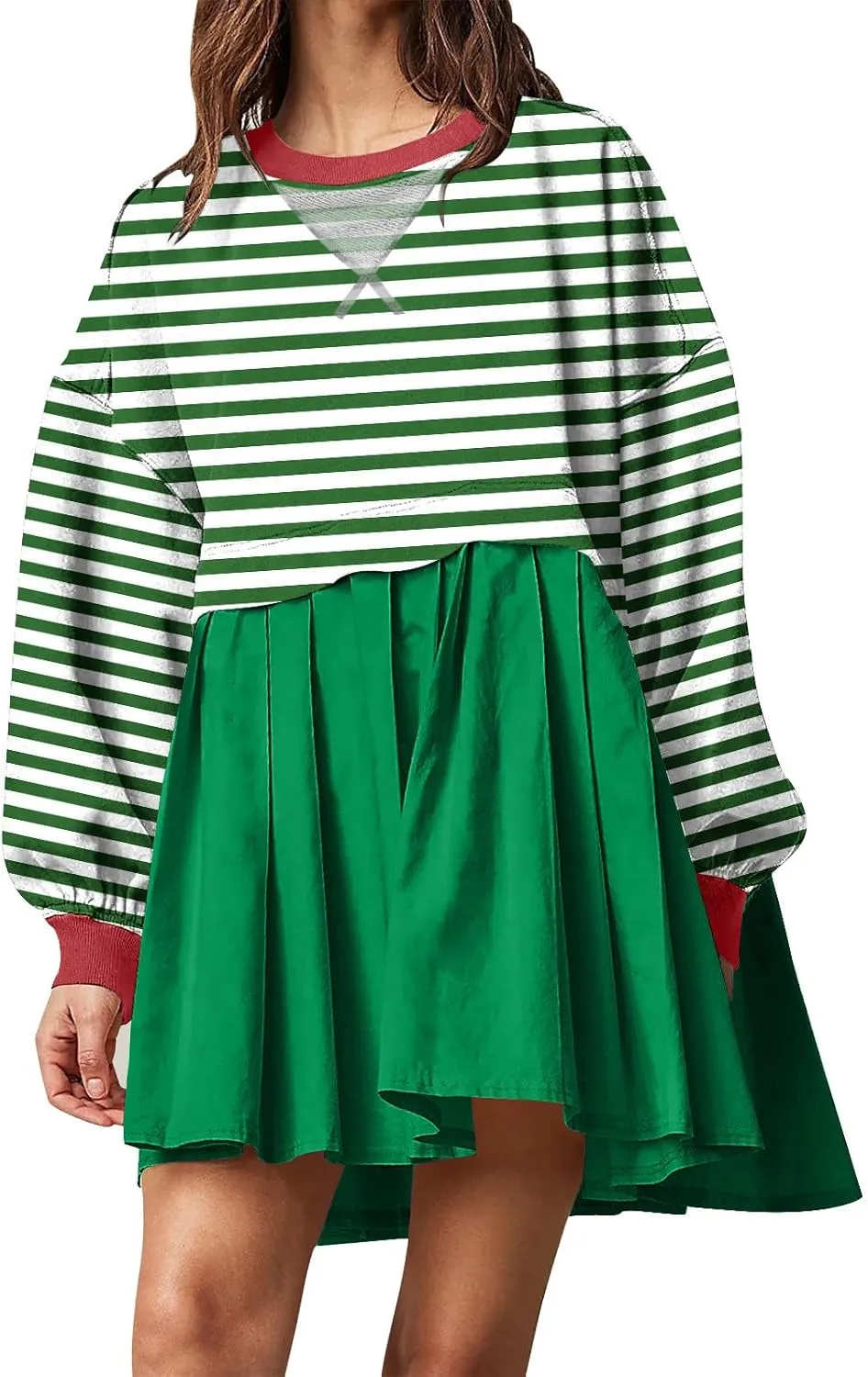 Oversized Sweatshirt Dress Womens Fall Fashion 2024 Long Sleeve Crewneck Patchwork Pullover Tops Pleated Mini Dress