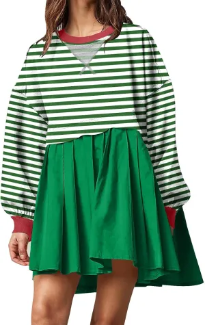 Oversized Sweatshirt Dress Womens Fall Fashion 2024 Long Sleeve Crewneck Patchwork Pullover Tops Pleated Mini Dress