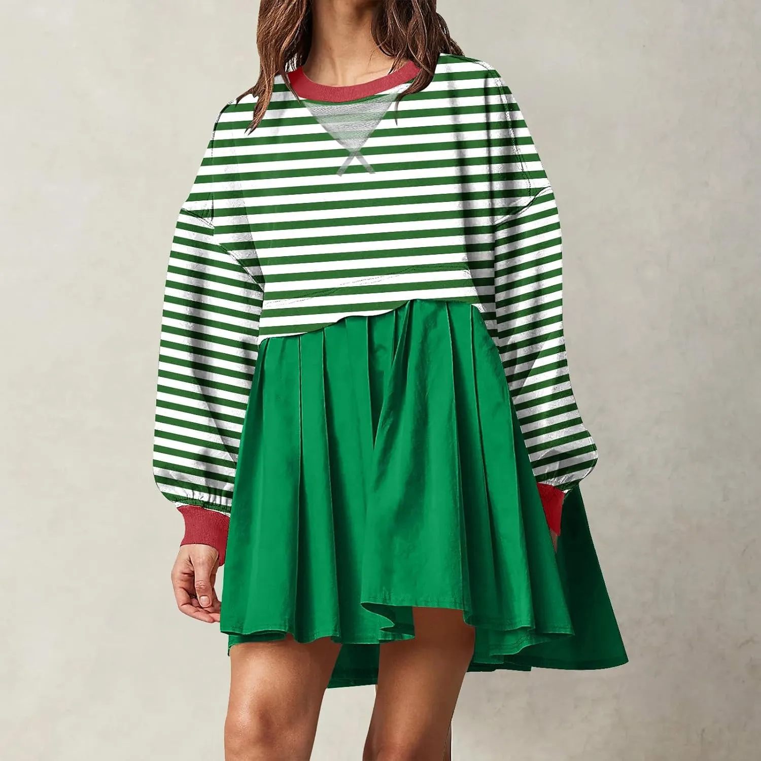Oversized Sweatshirt Dress Womens Fall Fashion 2024 Long Sleeve Crewneck Patchwork Pullover Tops Pleated Mini Dress