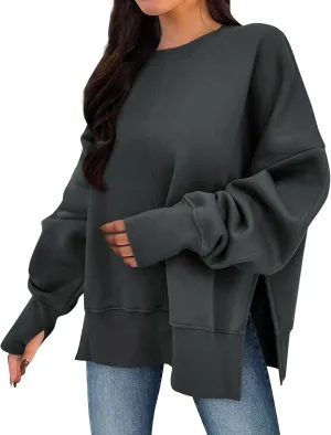 Oversized Sweatshirts for Women 2024 Fall Crew Neck Long Sleeve Tunic Tops Hoodless Cute Side Slit Pull Over Outfits