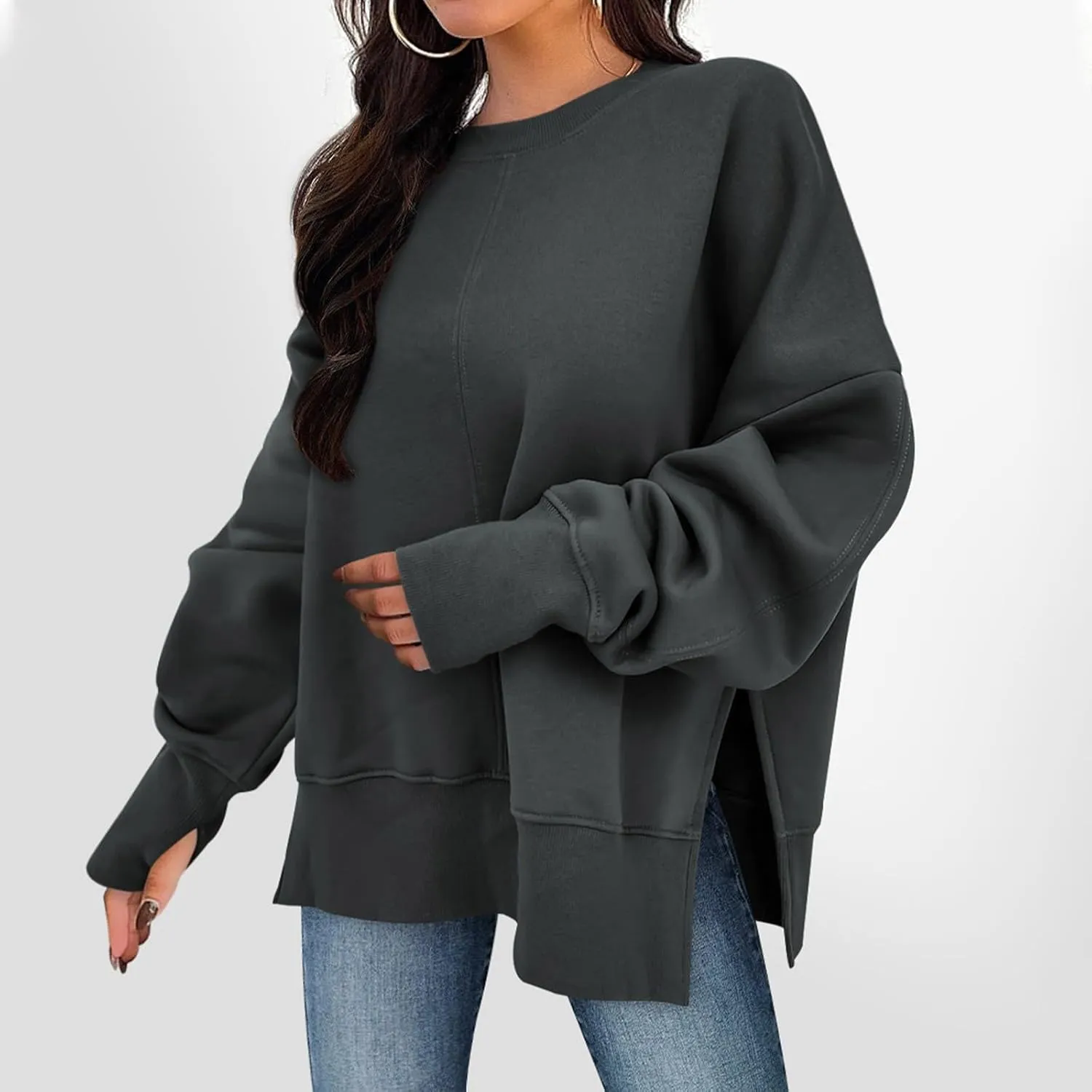 Oversized Sweatshirts for Women 2024 Fall Crew Neck Long Sleeve Tunic Tops Hoodless Cute Side Slit Pull Over Outfits