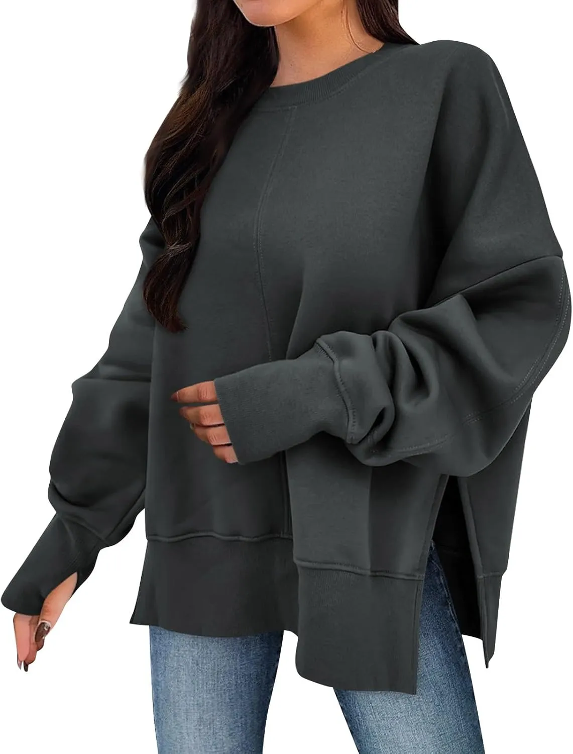 Oversized Sweatshirts for Women 2024 Fall Crew Neck Long Sleeve Tunic Tops Hoodless Cute Side Slit Pull Over Outfits