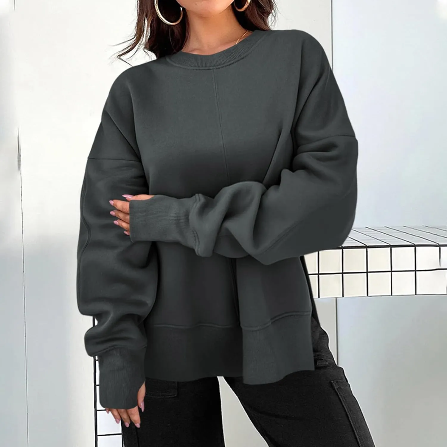 Oversized Sweatshirts for Women 2024 Fall Crew Neck Long Sleeve Tunic Tops Hoodless Cute Side Slit Pull Over Outfits