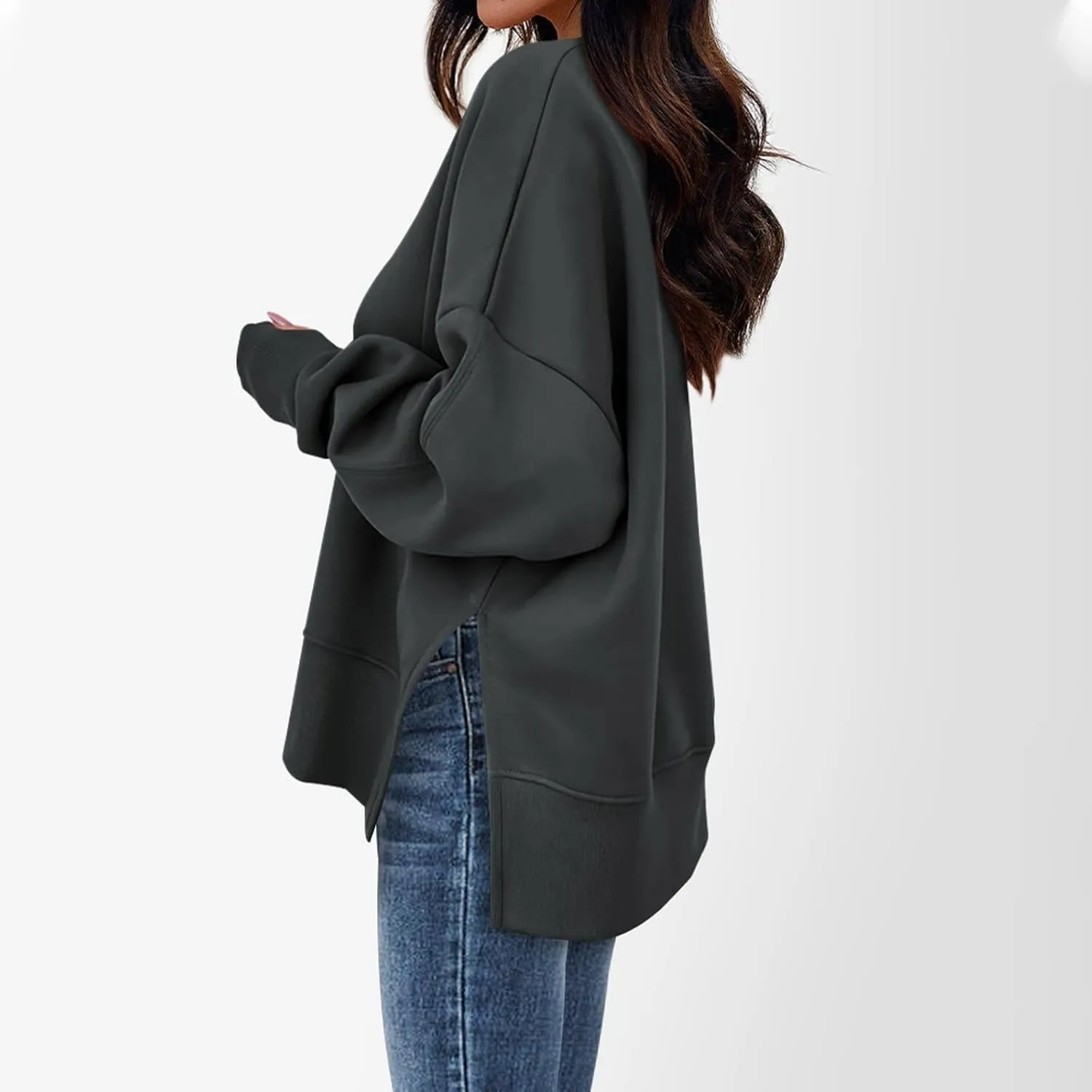 Oversized Sweatshirts for Women 2024 Fall Crew Neck Long Sleeve Tunic Tops Hoodless Cute Side Slit Pull Over Outfits