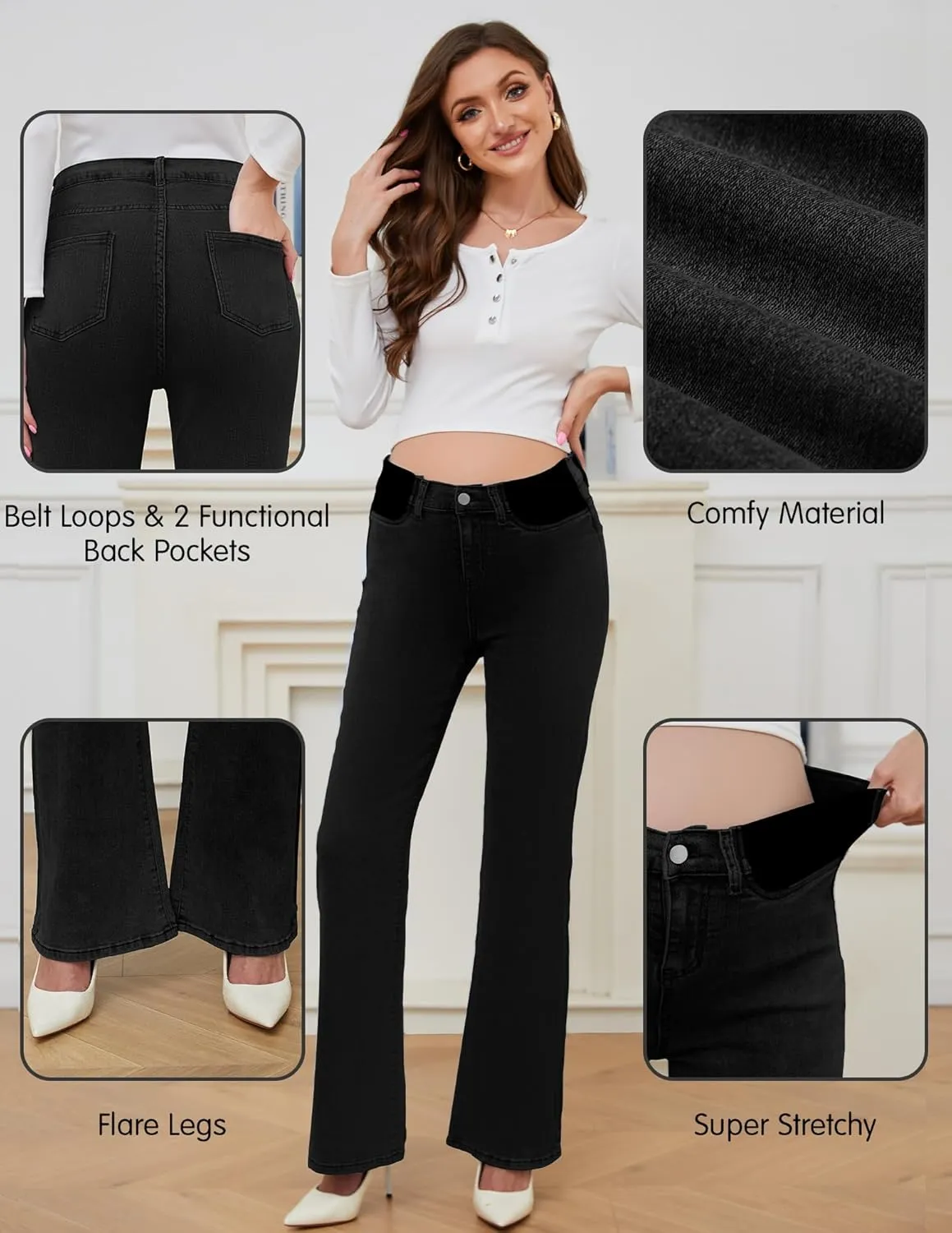 PACBREEZE Women's Maternity Flare Jeans Mid-Rise Stretchy Bell Bootcut Jeans Denim Pregnancy Pants, S-XXL