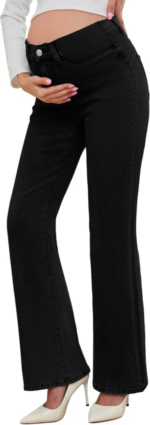 PACBREEZE Women's Maternity Flare Jeans Mid-Rise Stretchy Bell Bootcut Jeans Denim Pregnancy Pants, S-XXL