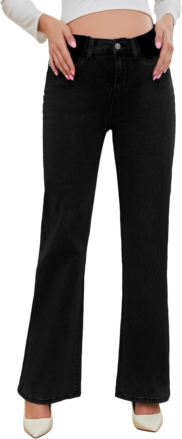 PACBREEZE Women's Maternity Flare Jeans Mid-Rise Stretchy Bell Bootcut Jeans Denim Pregnancy Pants, S-XXL