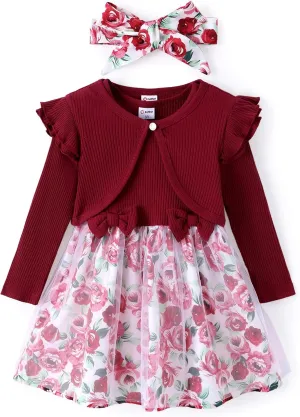 PATPAT Toddler Baby Girls Dress and Cardigan Mesh Sleeveless Playwear Dress and Ruffle Shrug with Headband