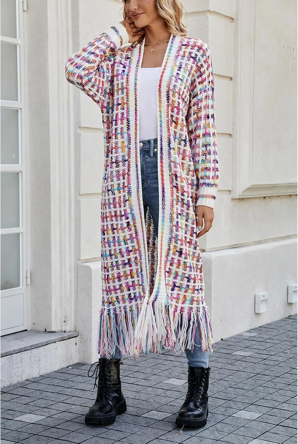 Perbai Womens Boho Cardigan Sweater Open Front Fringed Tassels Aztec Maxi Cardigan Jacket