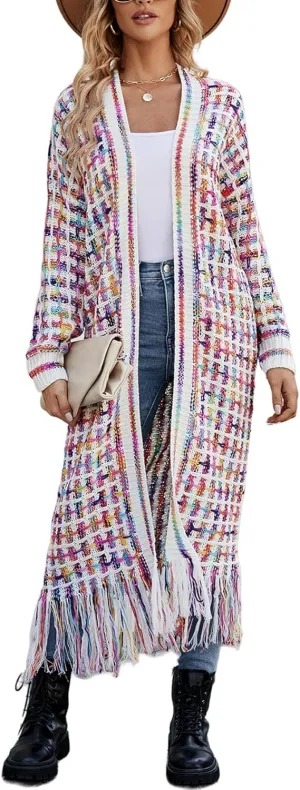 Perbai Womens Boho Cardigan Sweater Open Front Fringed Tassels Aztec Maxi Cardigan Jacket