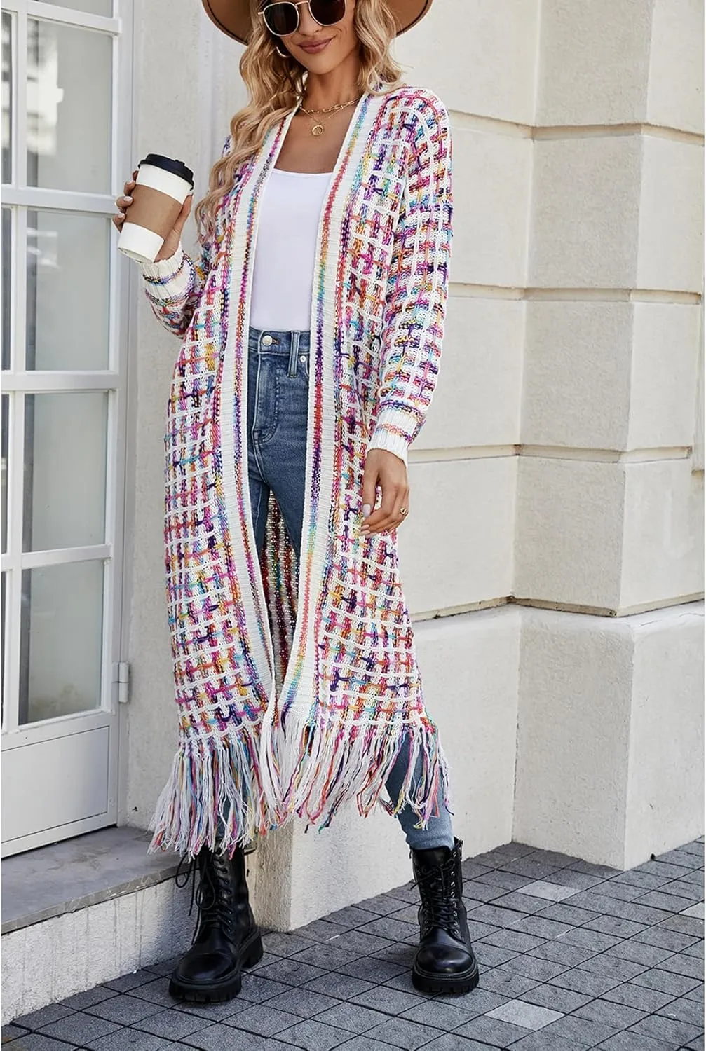 Perbai Womens Boho Cardigan Sweater Open Front Fringed Tassels Aztec Maxi Cardigan Jacket