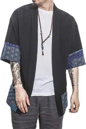 perdontoo Men's Casual Kimono Shirt Light Linen Short Sleeve Open Front Cardigan
