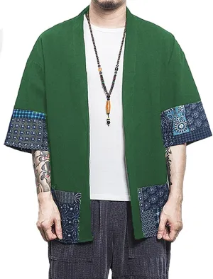 perdontoo Men's Casual Kimono Shirt Light Linen Short Sleeve Open Front Cardigan
