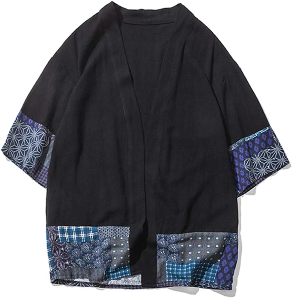 perdontoo Men's Casual Kimono Shirt Light Linen Short Sleeve Open Front Cardigan