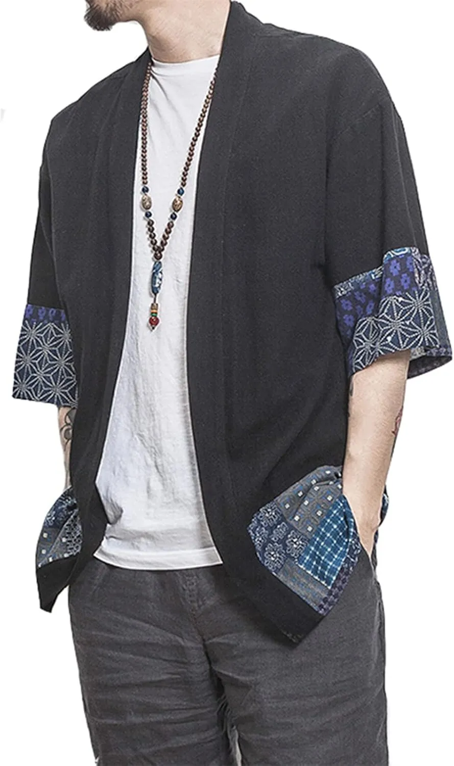 perdontoo Men's Casual Kimono Shirt Light Linen Short Sleeve Open Front Cardigan