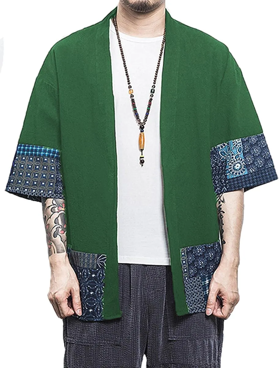 perdontoo Men's Casual Kimono Shirt Light Linen Short Sleeve Open Front Cardigan