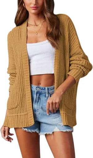 Pink Queen Women's 2024 Fall Winter Long Sleeve Cardigan Casual Open Front Oversized Knit Sweater Outerwear with Pockets