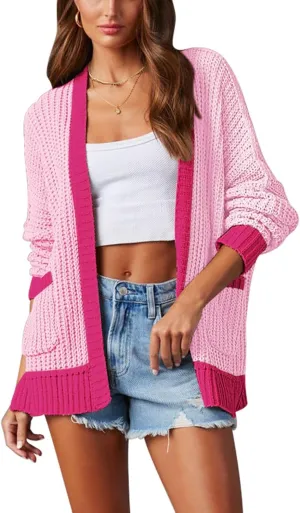 Pink Queen Women's 2024 Fall Winter Long Sleeve Cardigan Casual Open Front Oversized Knit Sweater Outerwear with Pockets